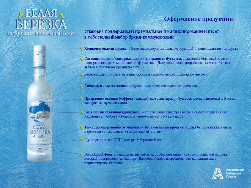 Оформление продукции Колпачок модели «гуала» с березовым рисунком, иллюстрирующий «происхождение» продукта Сатинированная («замороженная») поверхность